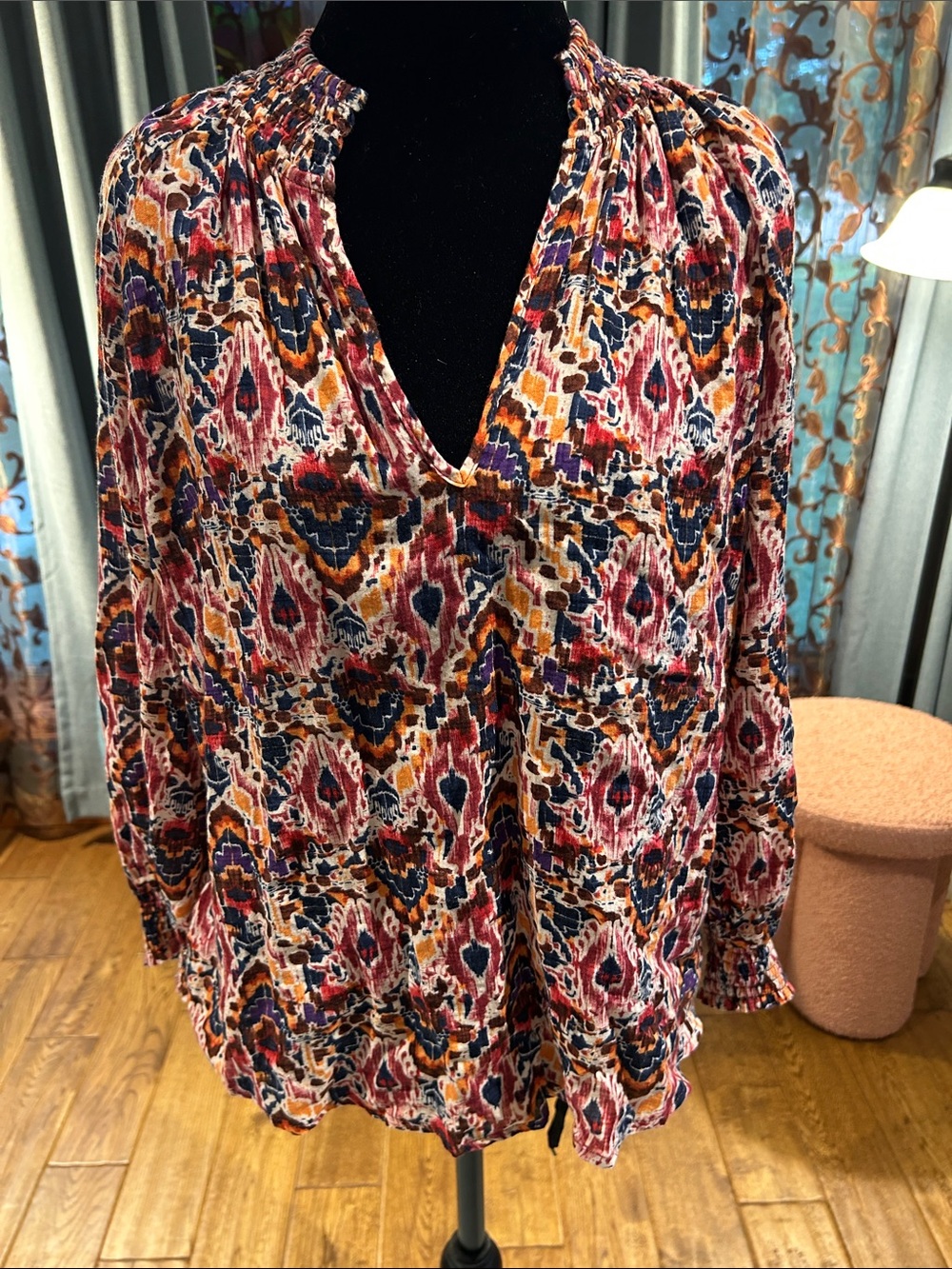 Evereve Printed V-Neck Blouse in Burgundy, Navy, Mustard